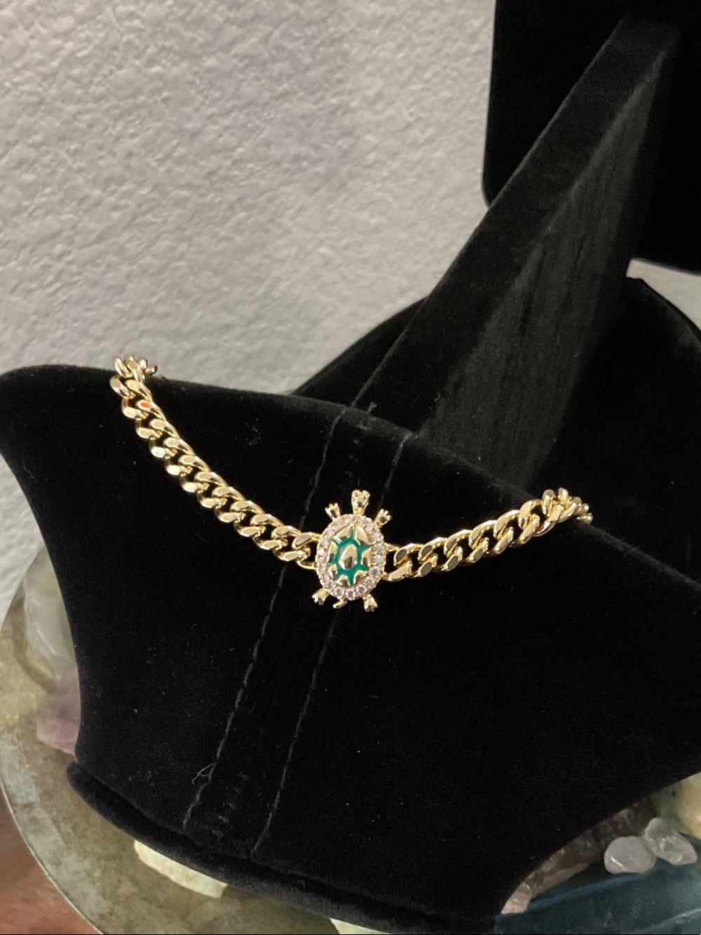 Gold Turtle Charm Cuban Link Bracelet with Green Enamel Accent